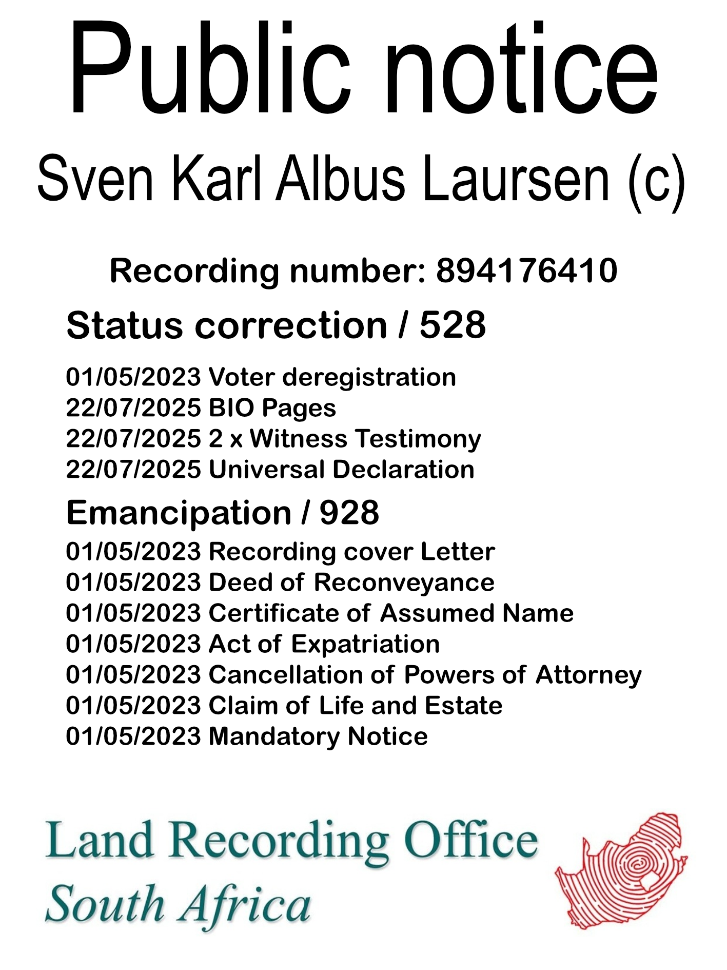 Public notice Sven Karl Albus Laursen (c) Recording number 894176410